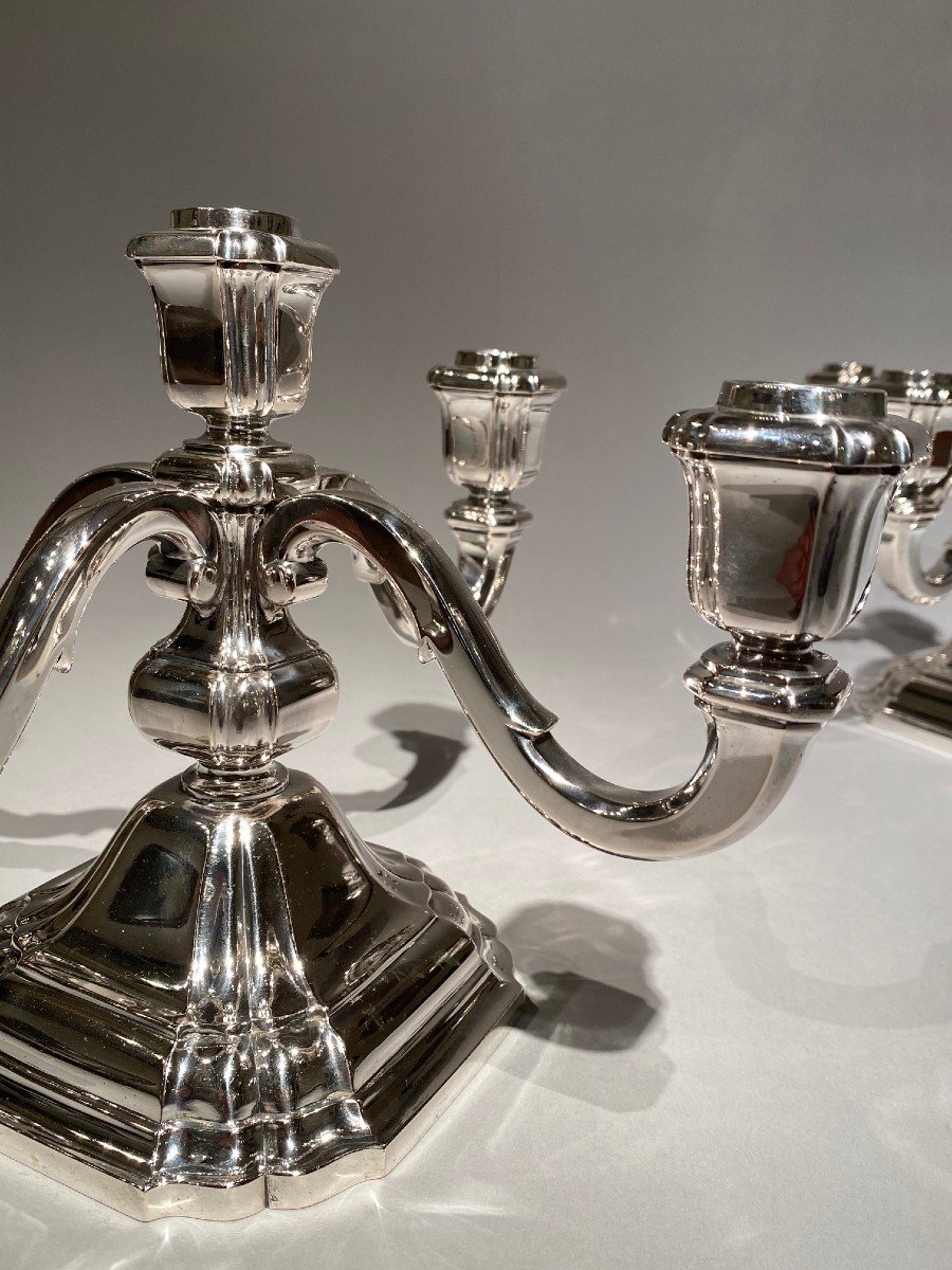 Pair Of Art Deco Candelabras With Five Arms In Sterling Silver By Raymond Ruys, Antwerp-photo-4