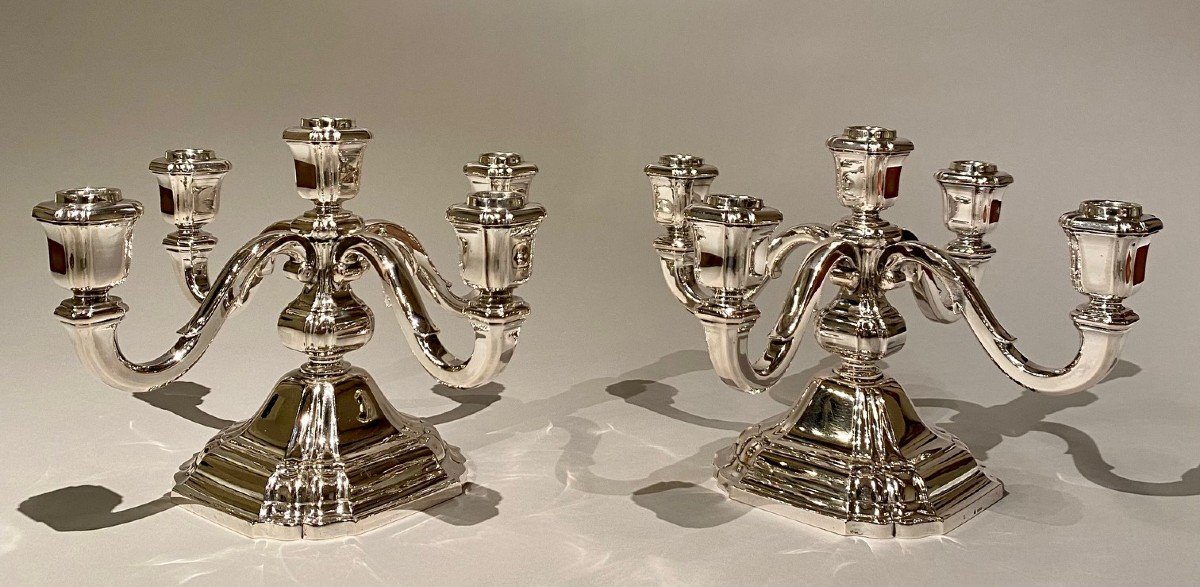 Pair Of Art Deco Candelabras With Five Arms In Sterling Silver By Raymond Ruys, Antwerp