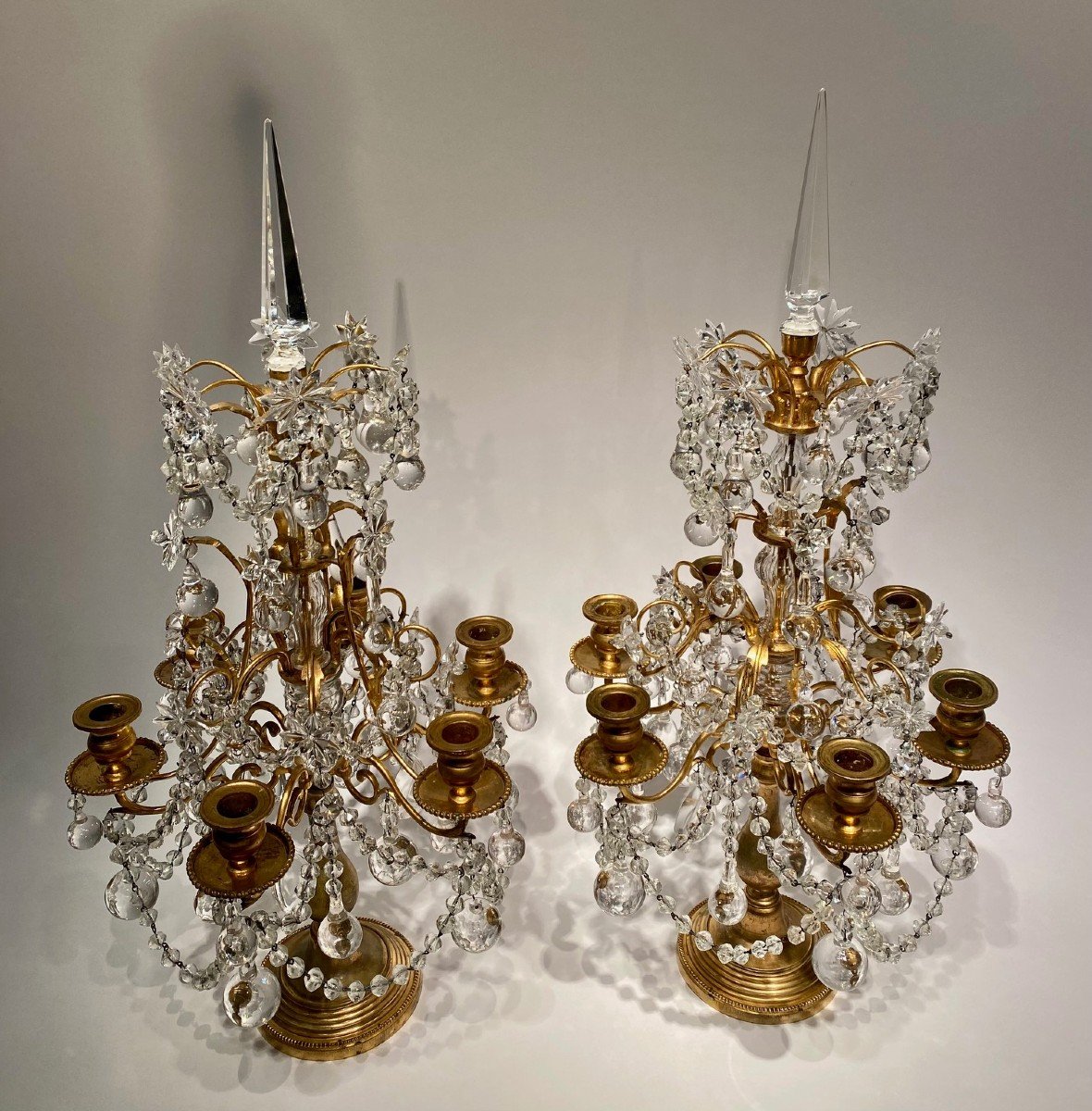 Pair Of Girandoles With Six Arms Of Light. Bronze And Crystal, Napoleon III-photo-2