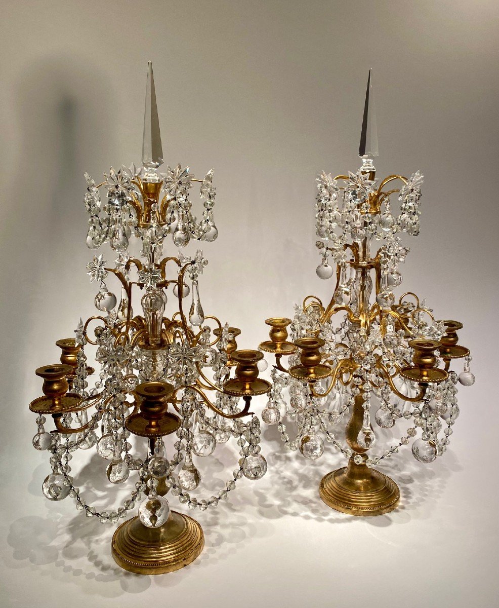 Pair Of Girandoles With Six Arms Of Light. Bronze And Crystal, Napoleon III-photo-3