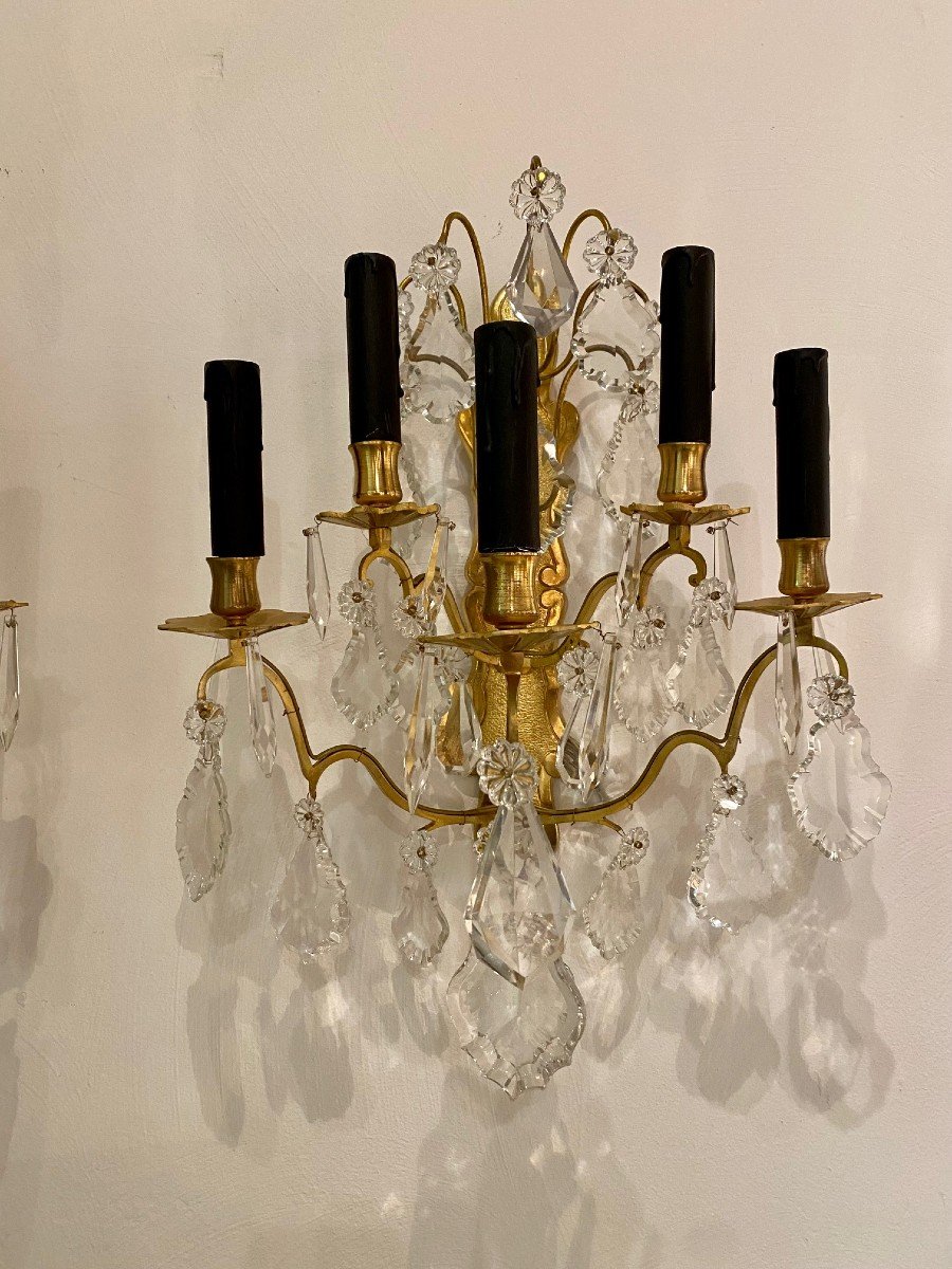 Pair Of Wall Lamps With Five Arms Of Lights In Crystal And Gilt Bronze. H50cm.-photo-4