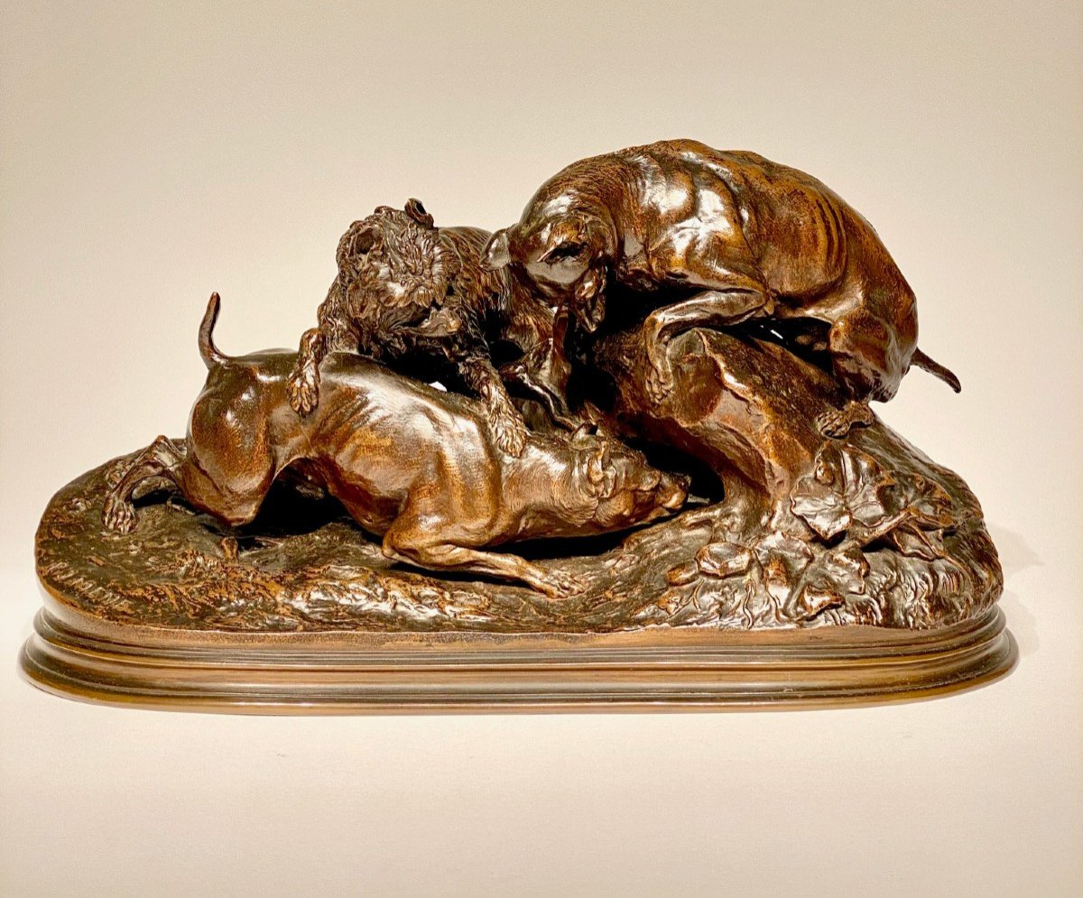 Group Of Dogs At The Burrow By Pierre - Jules Mène - Bronze Barbedienne
