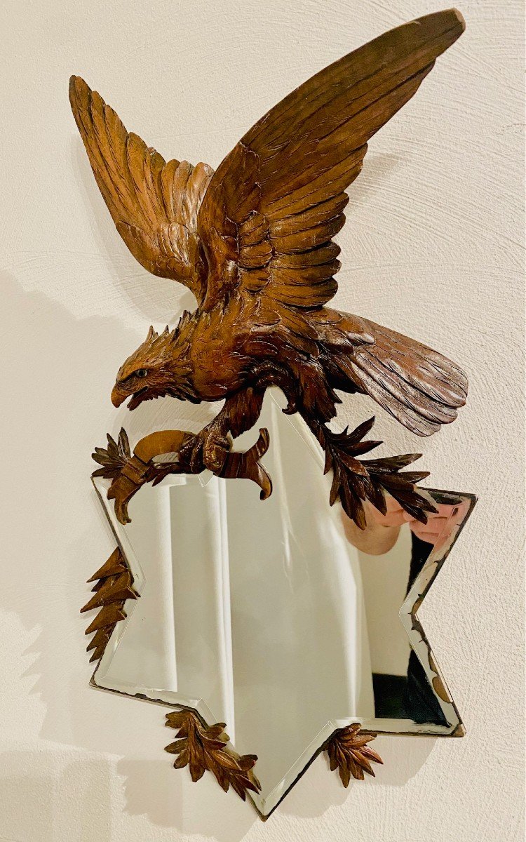 Black Forest Wall Mirror, With Carved Eagle Sculpture