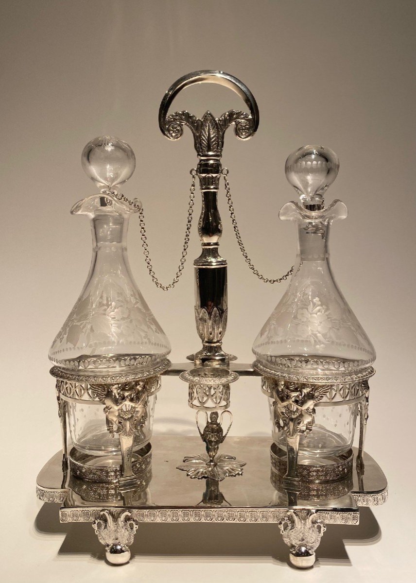 Empire Menage In Silver And Cut Glass For Oil And Vinegar