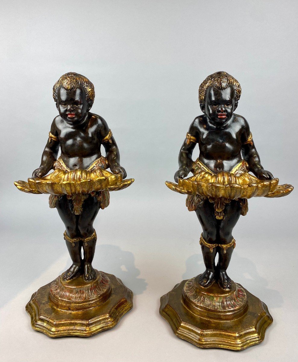 Pair Of Nubian Vide-poche, In Polychrome Carved Wood - Italy 19th Century-photo-4