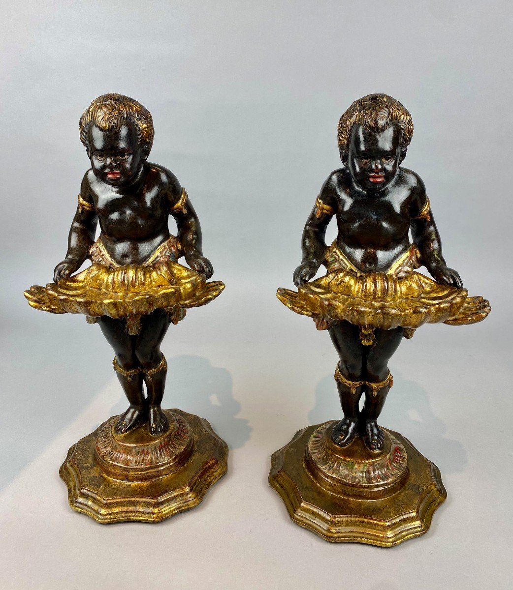 Pair Of Nubian Vide-poche, In Polychrome Carved Wood - Italy 19th Century-photo-2