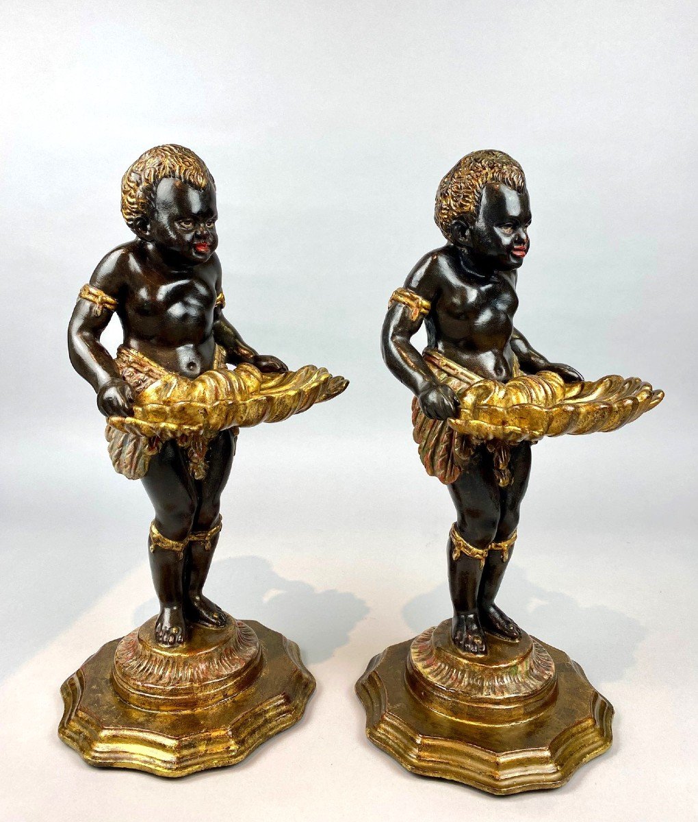 Pair Of Nubian Vide-poche, In Polychrome Carved Wood - Italy 19th Century-photo-3