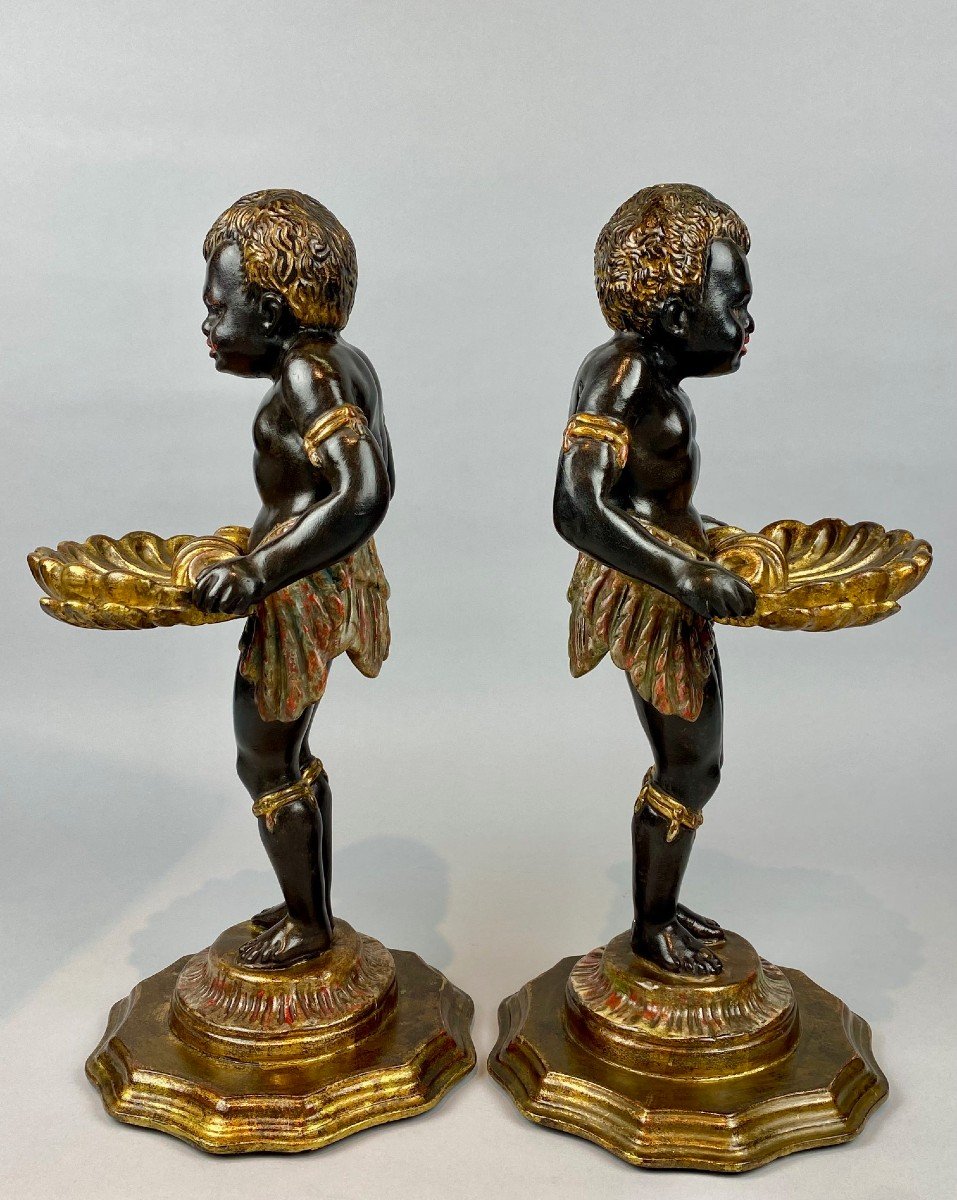 Pair Of Nubian Vide-poche, In Polychrome Carved Wood - Italy 19th Century-photo-4