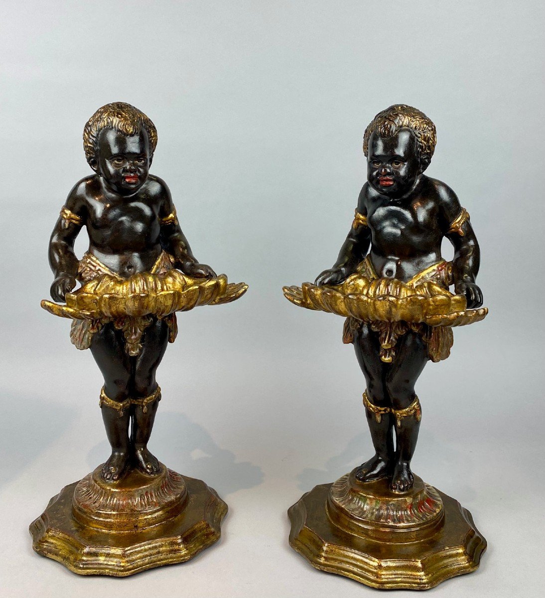 Pair Of Nubian Vide-poche, In Polychrome Carved Wood - Italy 19th Century-photo-5