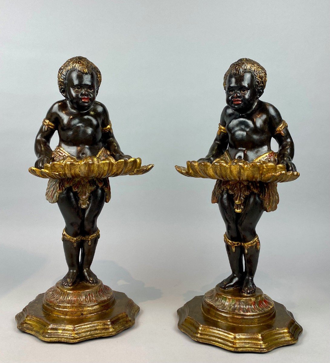 Pair Of Nubian Vide-poche, In Polychrome Carved Wood - Italy 19th Century-photo-7