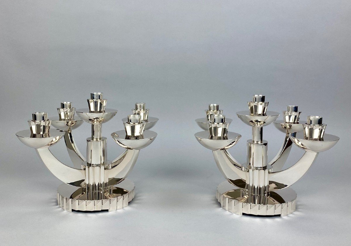 Une  Paire De Candélabres Art Déco Portugais En Argent Par Joalharia Do Carmo Lisbonne.-photo-2