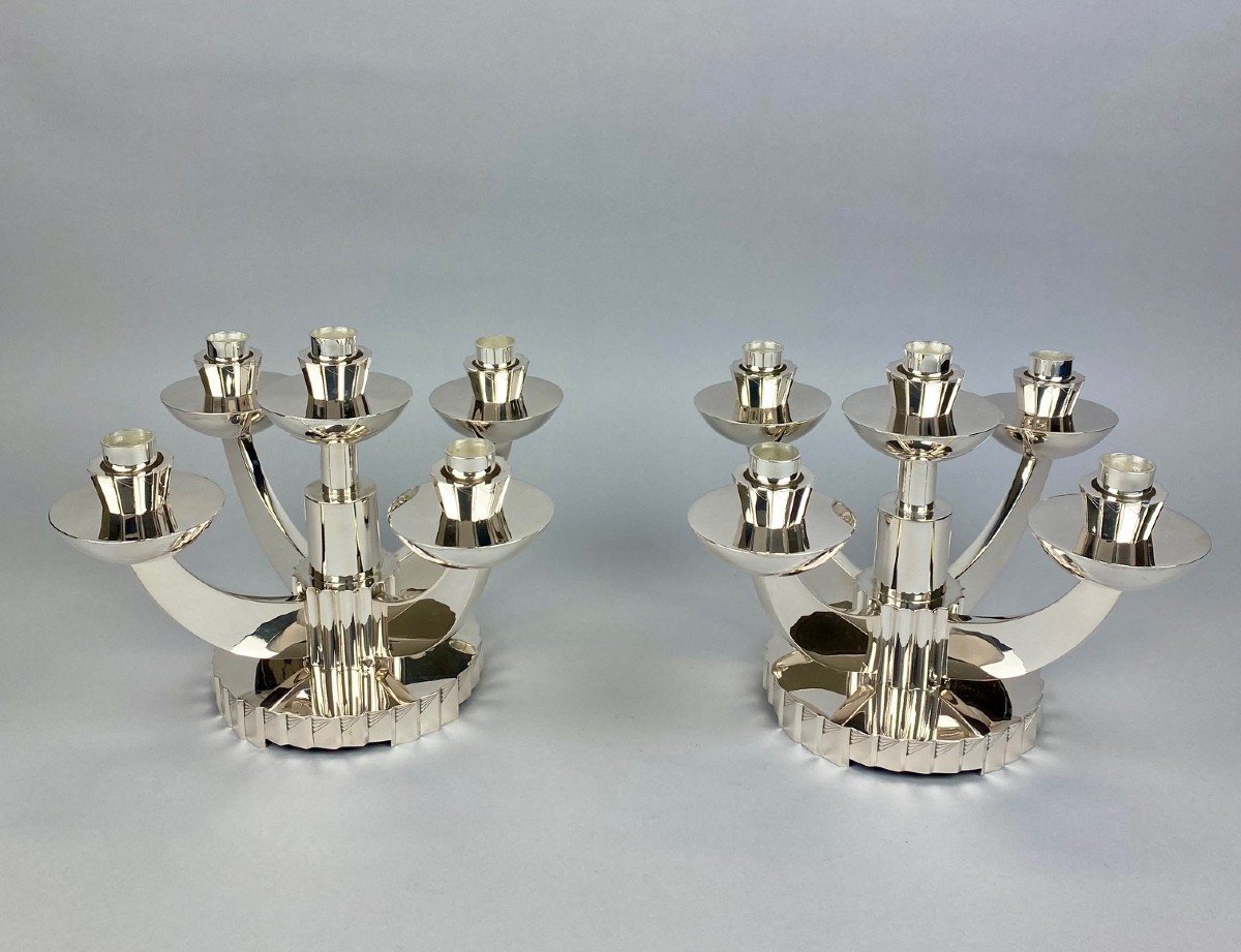 Une  Paire De Candélabres Art Déco Portugais En Argent Par Joalharia Do Carmo Lisbonne.-photo-3
