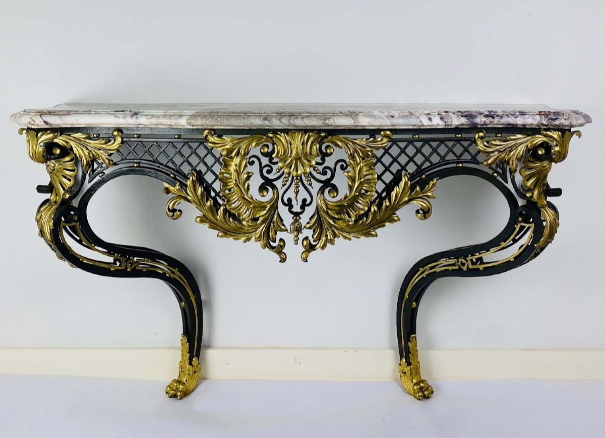 Late 19th Century Louis XV Style Wrought Iron Console Table, Violet Breche Marble