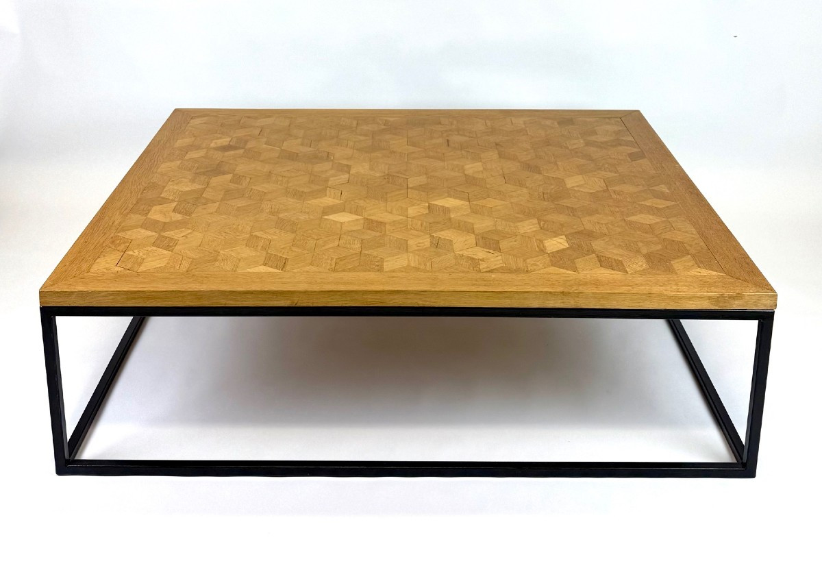 table basse sur mesure avec un plateau en chêne du début du XXe siècle 
