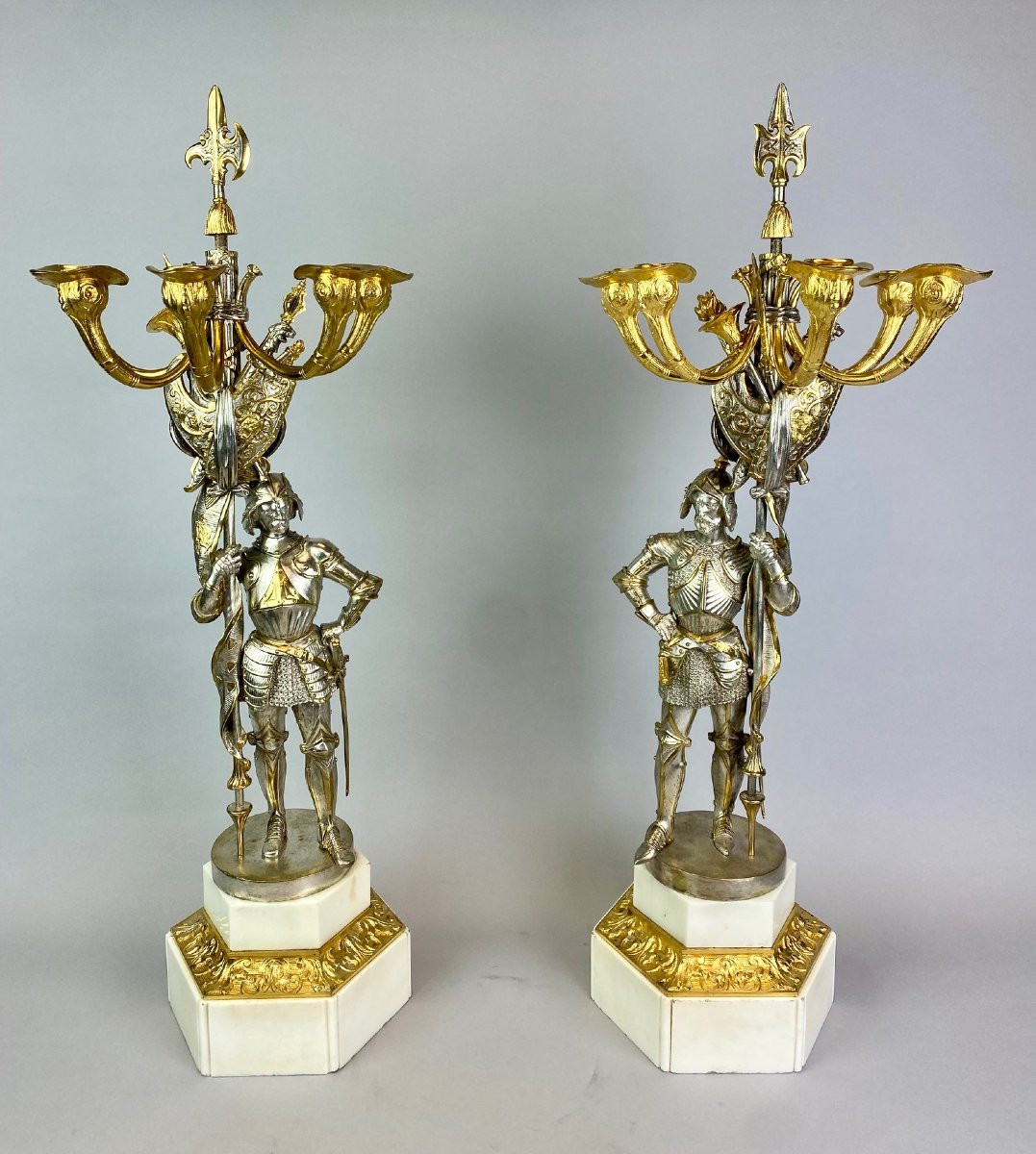 Pair Of Napoleon III Candelabras In Gilded And Silvered Bronze, 19th Century.-photo-1
