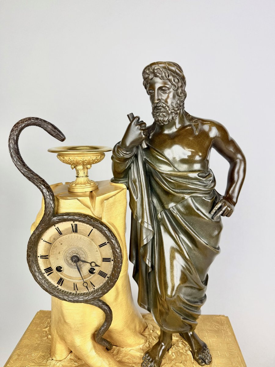 Empire Clock In Gilded And Patinated Bronze Representing Aesculapius-photo-2