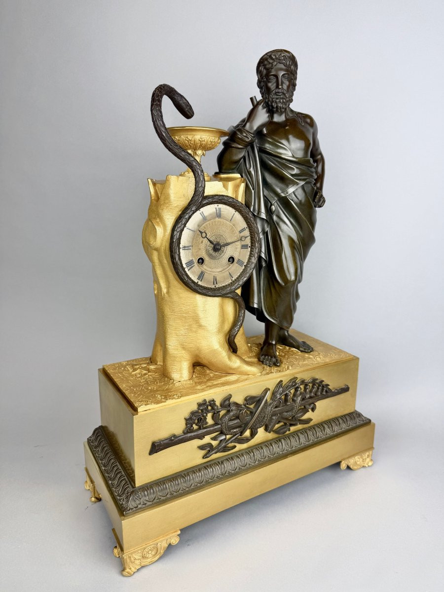 Empire Clock In Gilded And Patinated Bronze Representing Aesculapius-photo-2