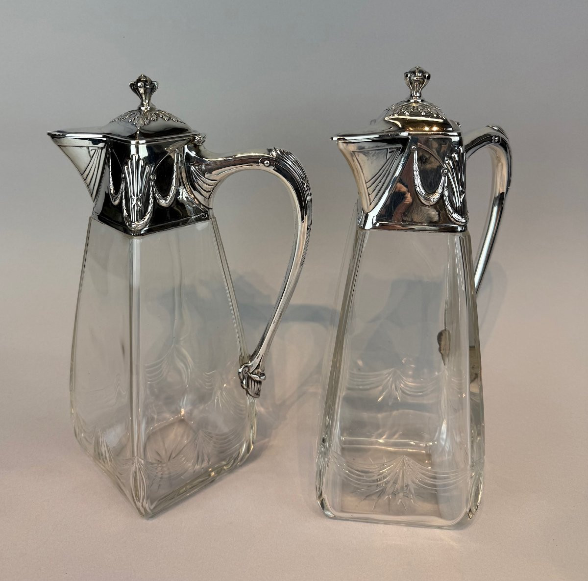 Pair Of Art Nouveau Glass Decanters With Silver Mounts. Russian Assay Mark (1899-1908).-photo-2