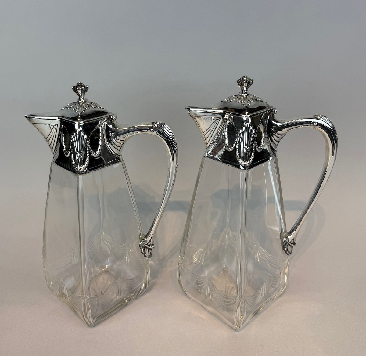 Pair Of Art Nouveau Glass Decanters With Silver Mounts. Russian Assay Mark (1899-1908).-photo-3