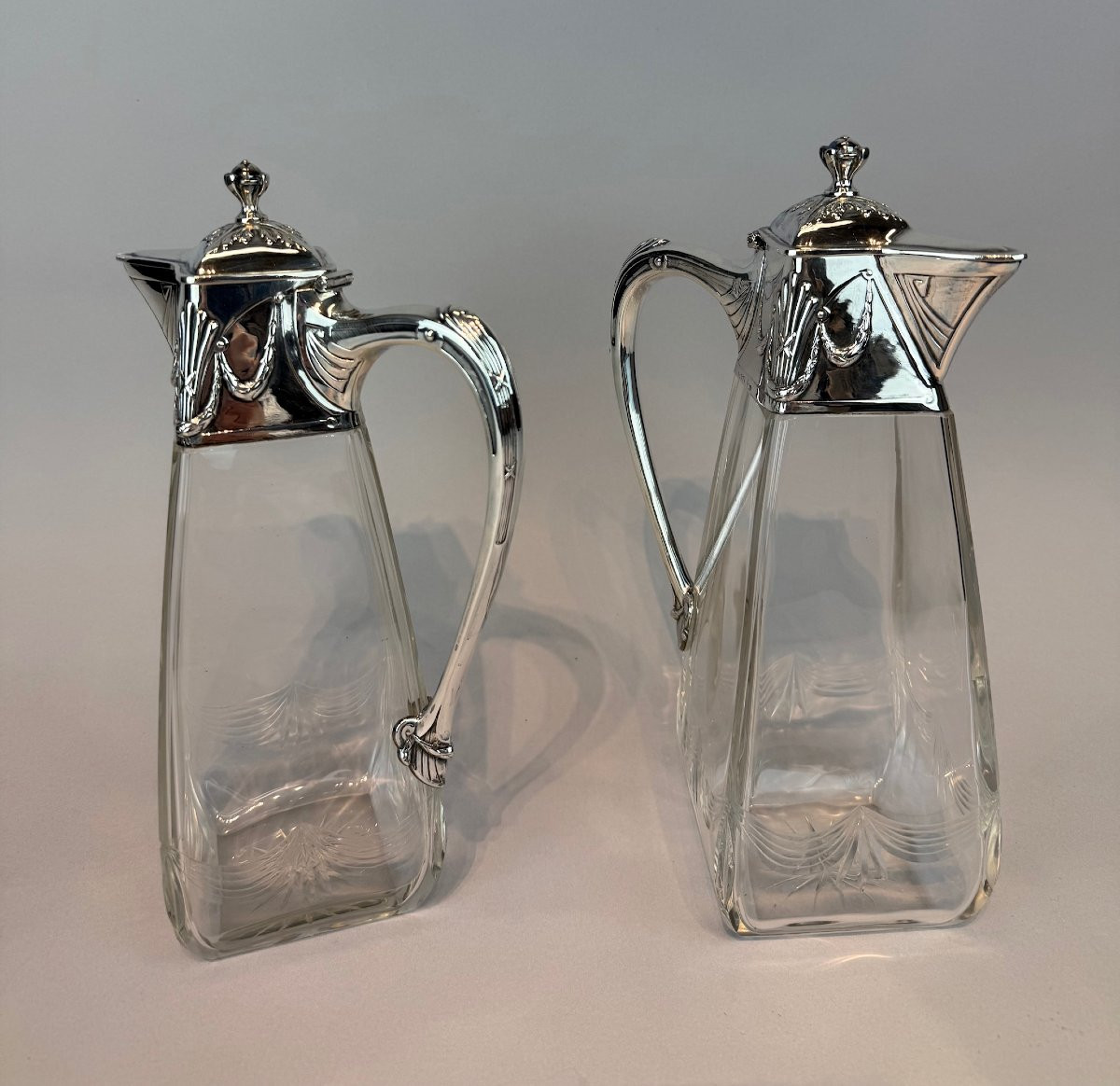 Pair Of Art Nouveau Glass Decanters With Silver Mounts. Russian Assay Mark (1899-1908).-photo-5