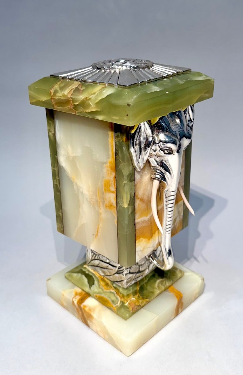 French Art Deco Onyx & Silver Plated Elephant Clock Garniture By Japy Frères, Circa 1930-photo-5