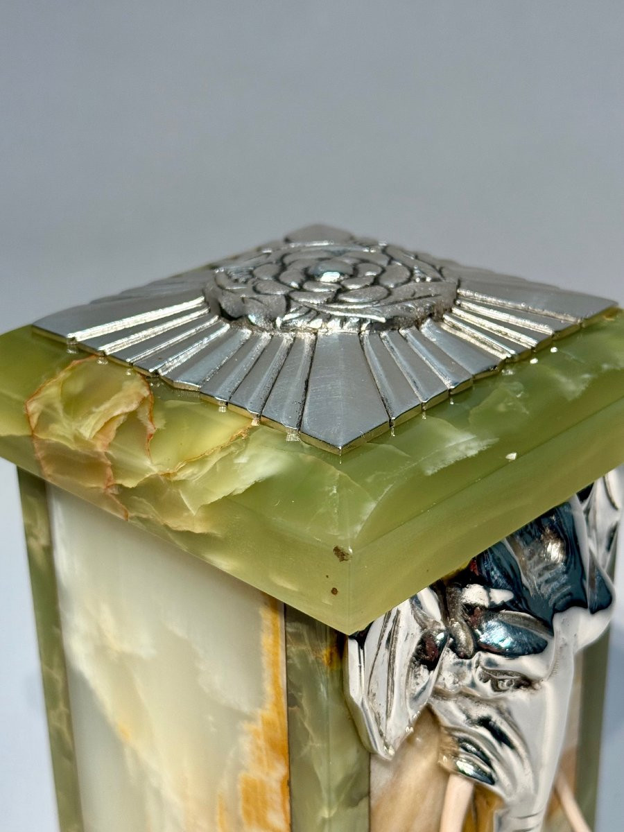 French Art Deco Onyx & Silver Plated Elephant Clock Garniture By Japy Frères, Circa 1930-photo-7