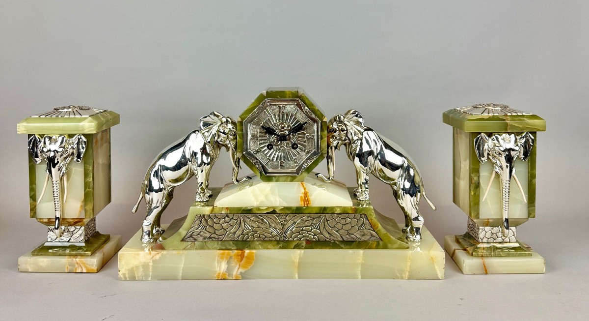 French Art Deco Onyx & Silver Plated Elephant Clock Garniture By Japy Frères, Circa 1930