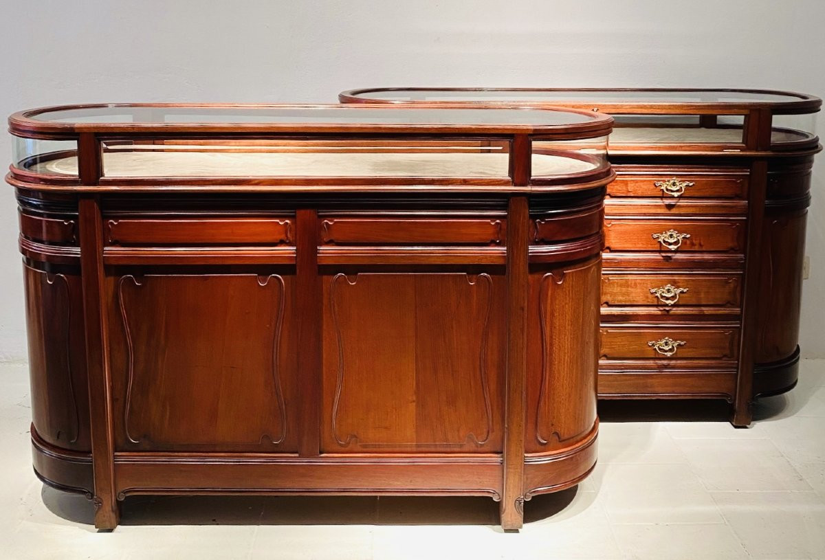Pair Of Art Nouveau Mahogany Display Counters, France, Circa 1900-photo-4