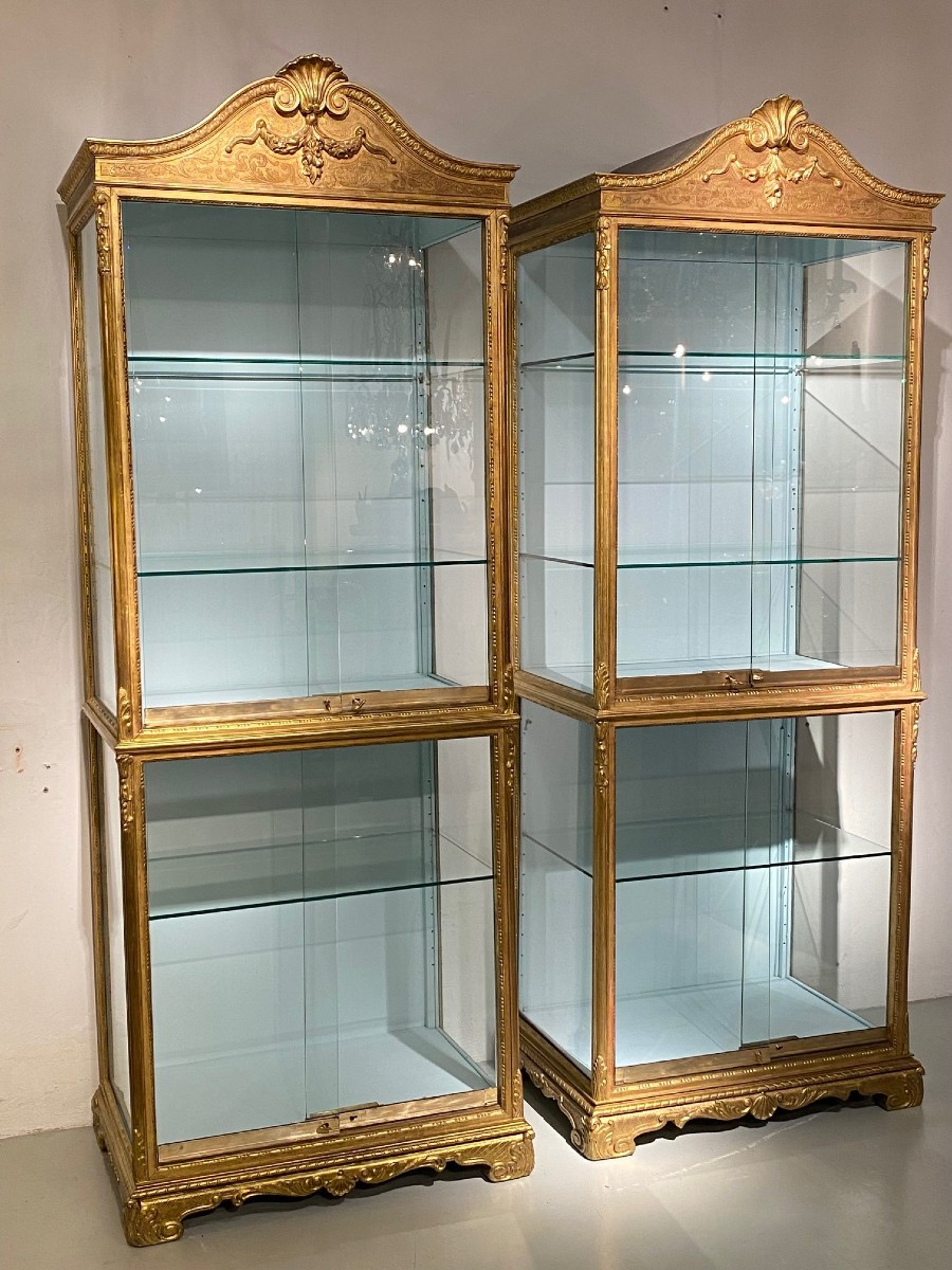 Pair Of Gilded Wooden Display Cabinets. 