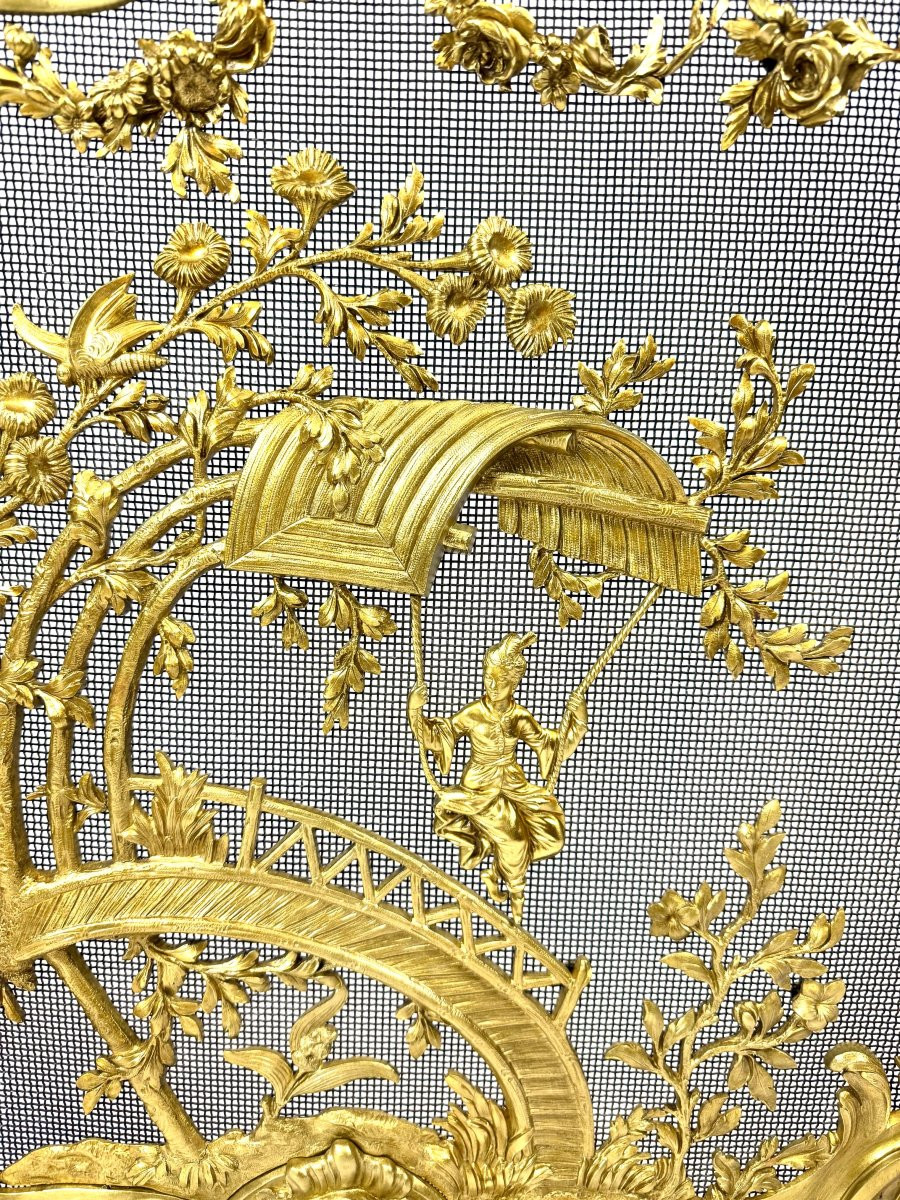 Chinoiserie-style Gilt Bronze Fire Screen/spark Guard, Late 19th Century-photo-2