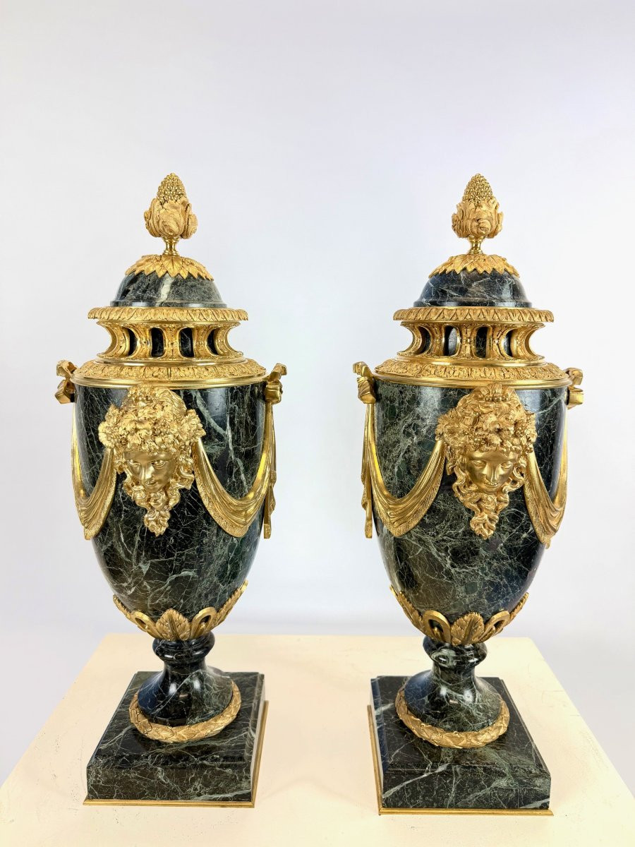 Paire De Cassolettes En Marbre Vert Et Bronze Doré XIXème Siècle-photo-3