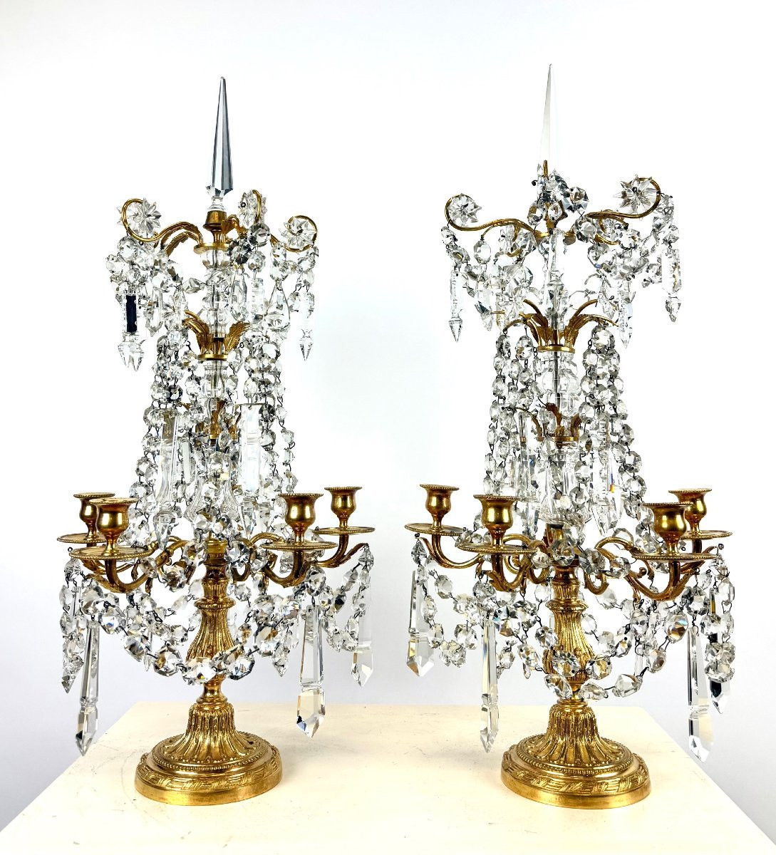 Paire De Girandoles De Style Louis XVI En Bronze Doré Et Cristal-photo-2