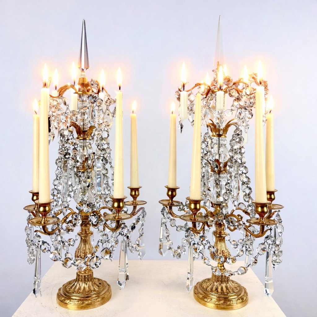 Paire De Girandoles De Style Louis XVI En Bronze Doré Et Cristal-photo-1
