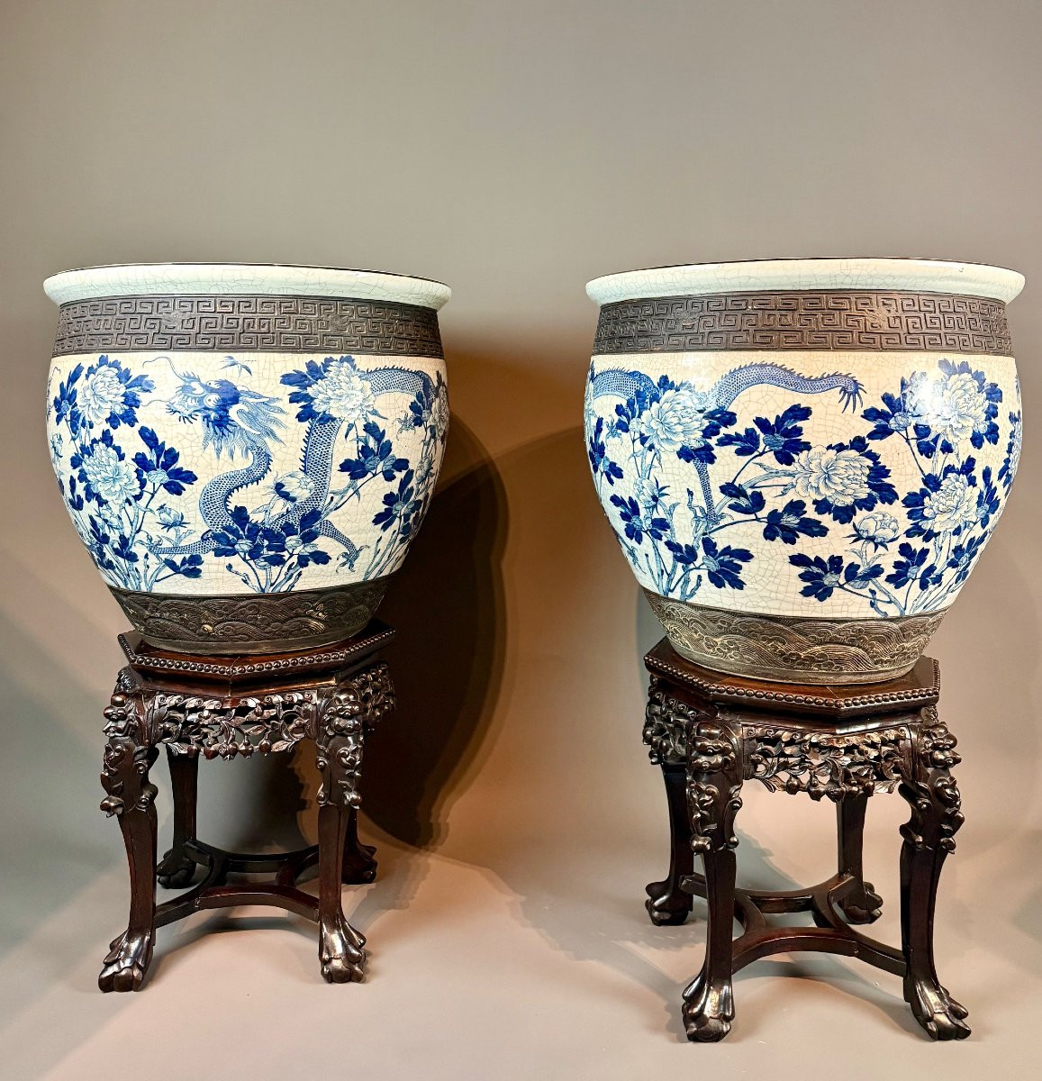 Important Pair Of Nanking Cachepots With Their Carved Wooden Stands – China, Circa 1880-photo-2