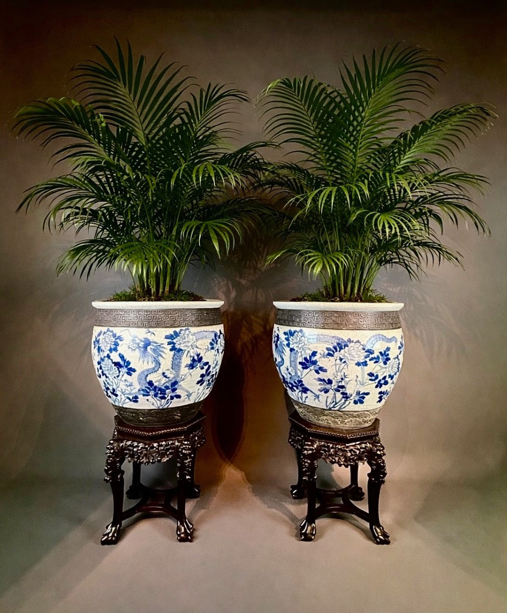 Important Pair Of Nanking Cachepots With Their Carved Wooden Stands – China, Circa 1880