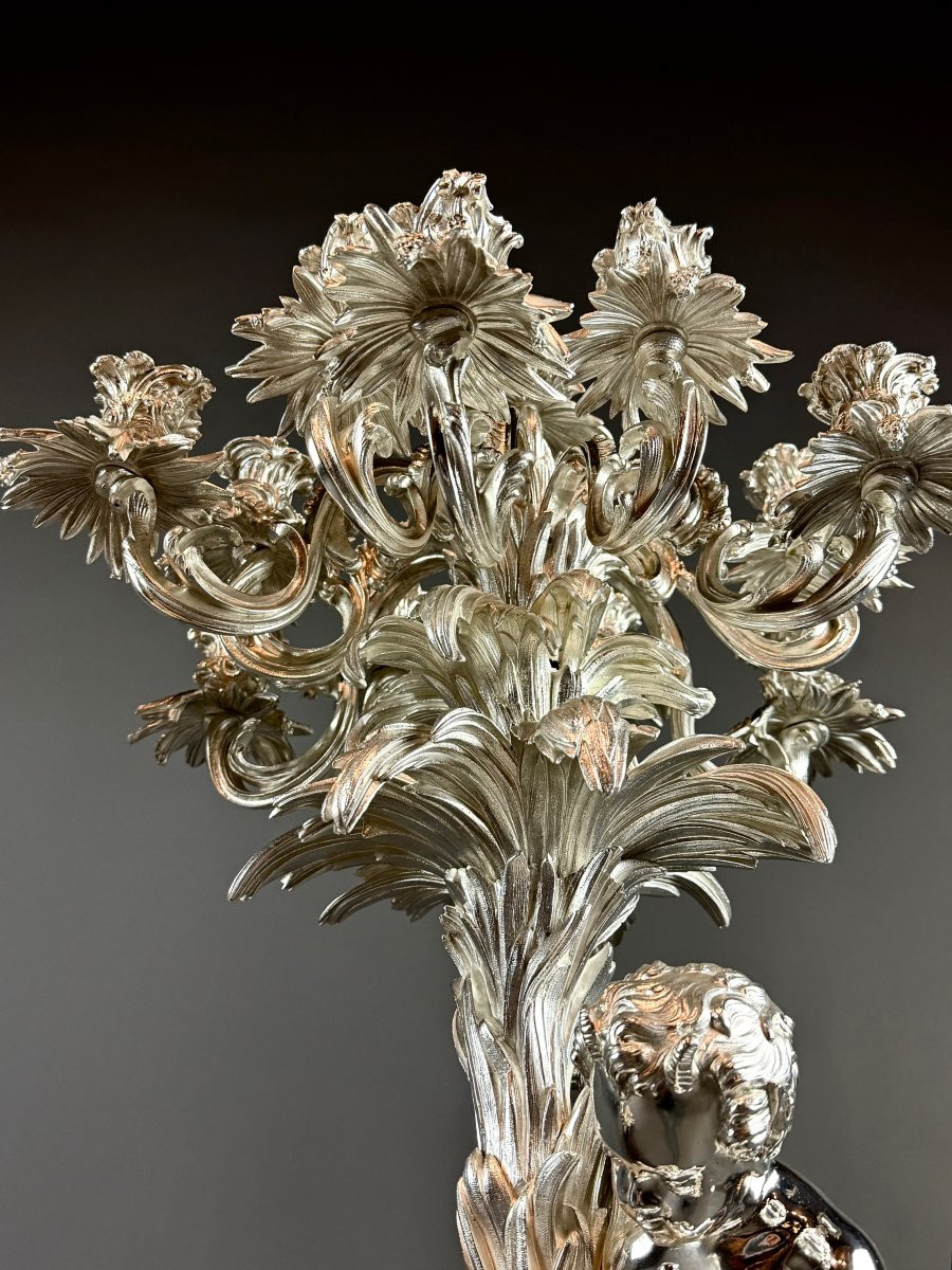 Imposing Pair Of Silvered Bronze Candelabra – 13 Lights – Richly Carved Decoration H91cm.-photo-1