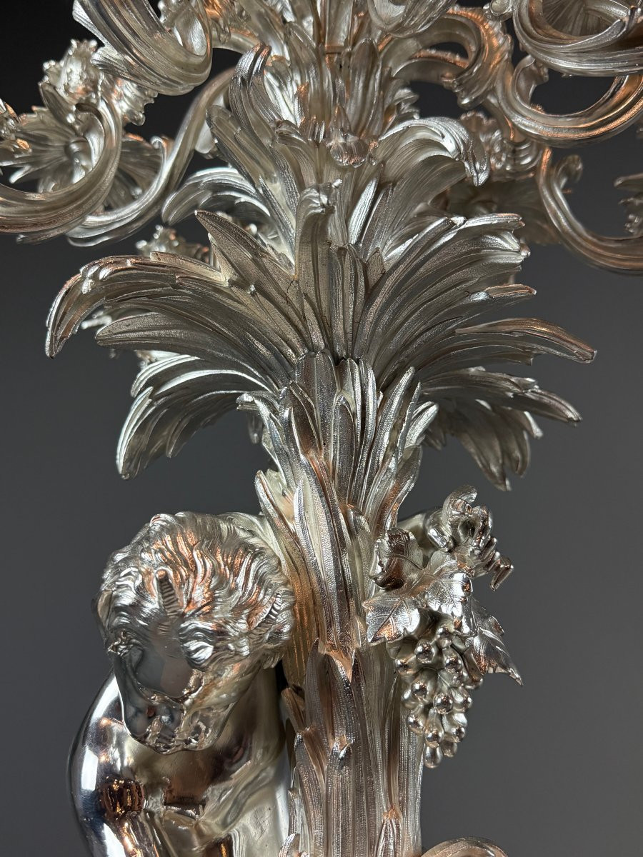 Imposing Pair Of Silvered Bronze Candelabra – 13 Lights – Richly Carved Decoration H91cm.-photo-3
