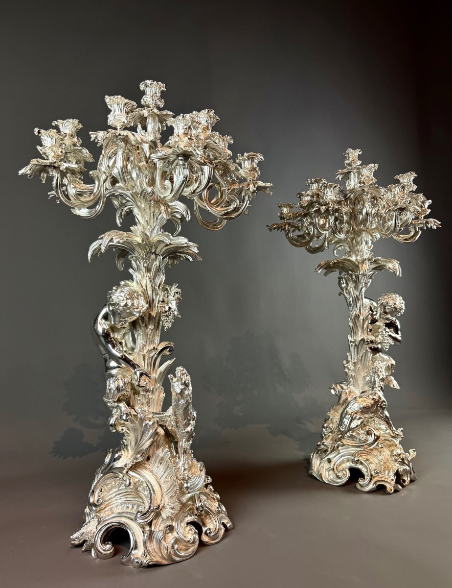Imposing Pair Of Silvered Bronze Candelabra – 13 Lights – Richly Carved Decoration H91cm.-photo-4