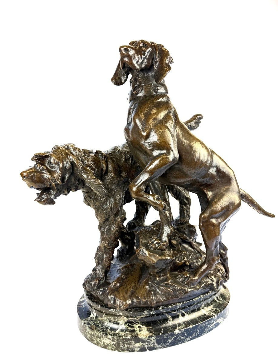 Bronze By Prosper Lecourtier Depicts Two Hunting Dogs-photo-2