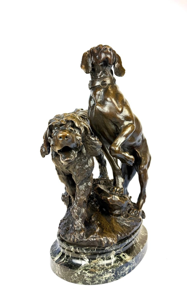 Bronze By Prosper Lecourtier Depicts Two Hunting Dogs-photo-2