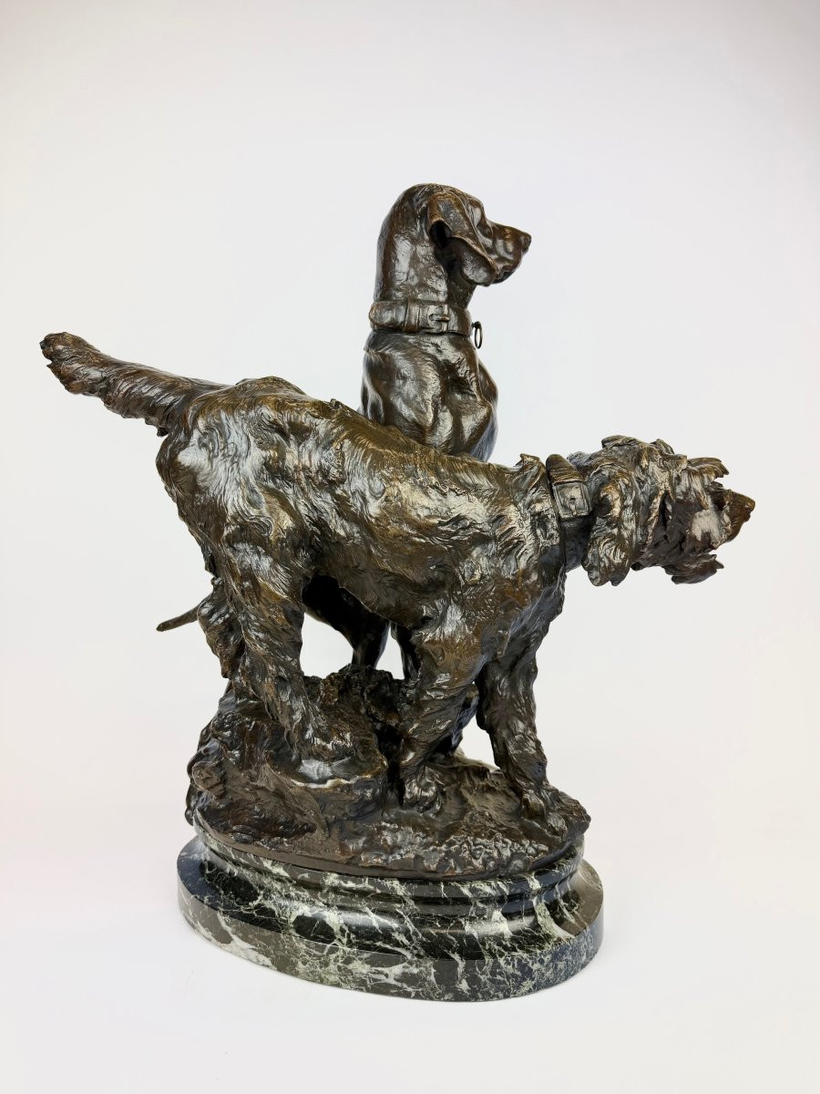 Bronze By Prosper Lecourtier Depicts Two Hunting Dogs-photo-3