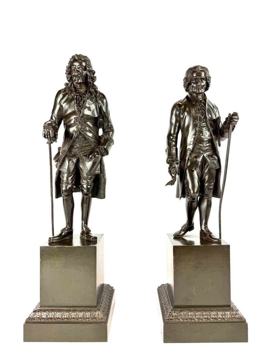 Paire De Sculptures En Bronze Représentant Voltaire Et Rousseau, époque Restauration.-photo-2