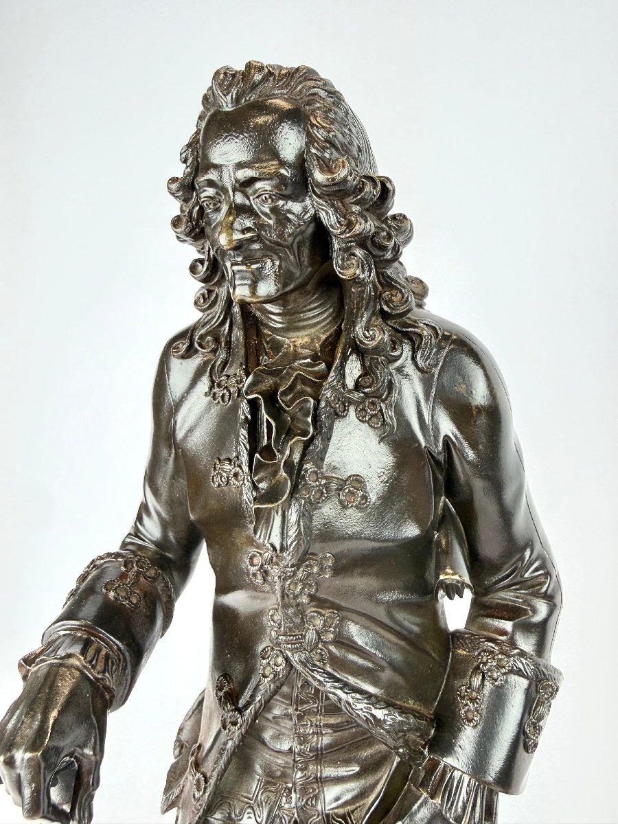 Paire De Sculptures En Bronze Représentant Voltaire Et Rousseau, époque Restauration.-photo-4