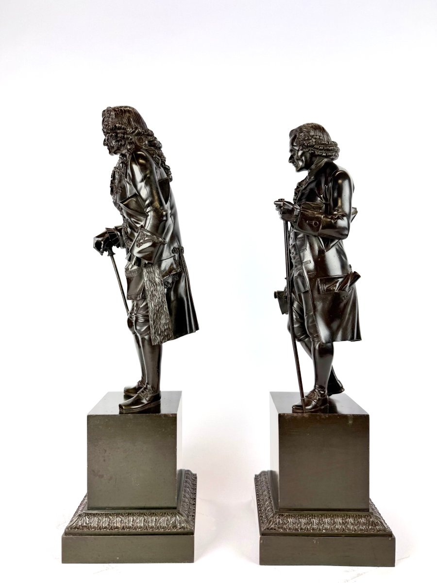 Paire De Sculptures En Bronze Représentant Voltaire Et Rousseau, époque Restauration.-photo-2