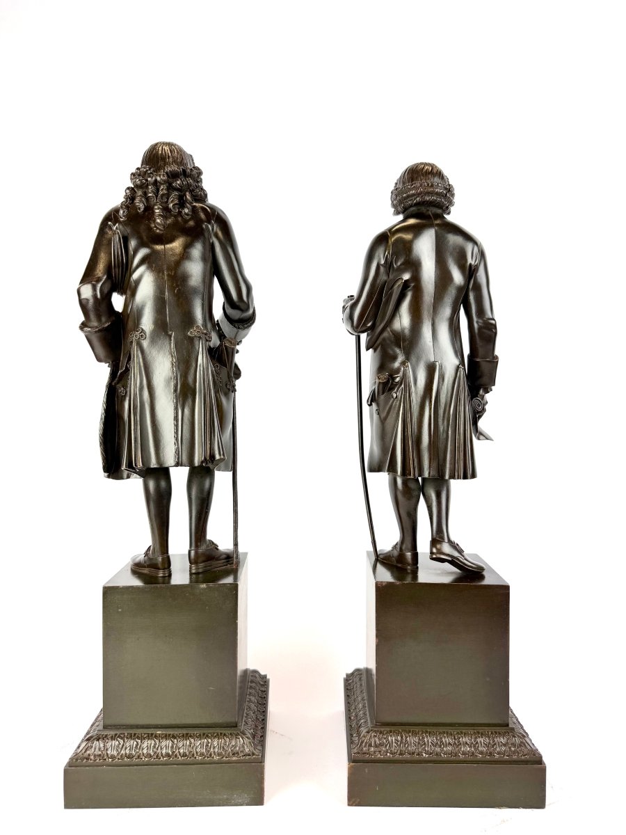 Paire De Sculptures En Bronze Représentant Voltaire Et Rousseau, époque Restauration.-photo-3