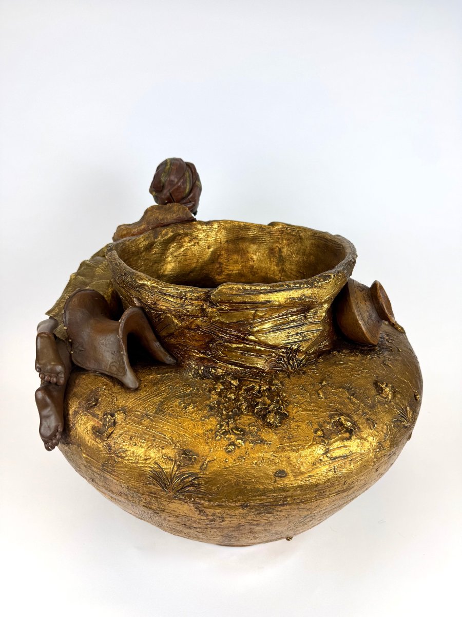 Jardinière / cache-pot sculptural en terre cuite du début du XXe siècle-photo-3