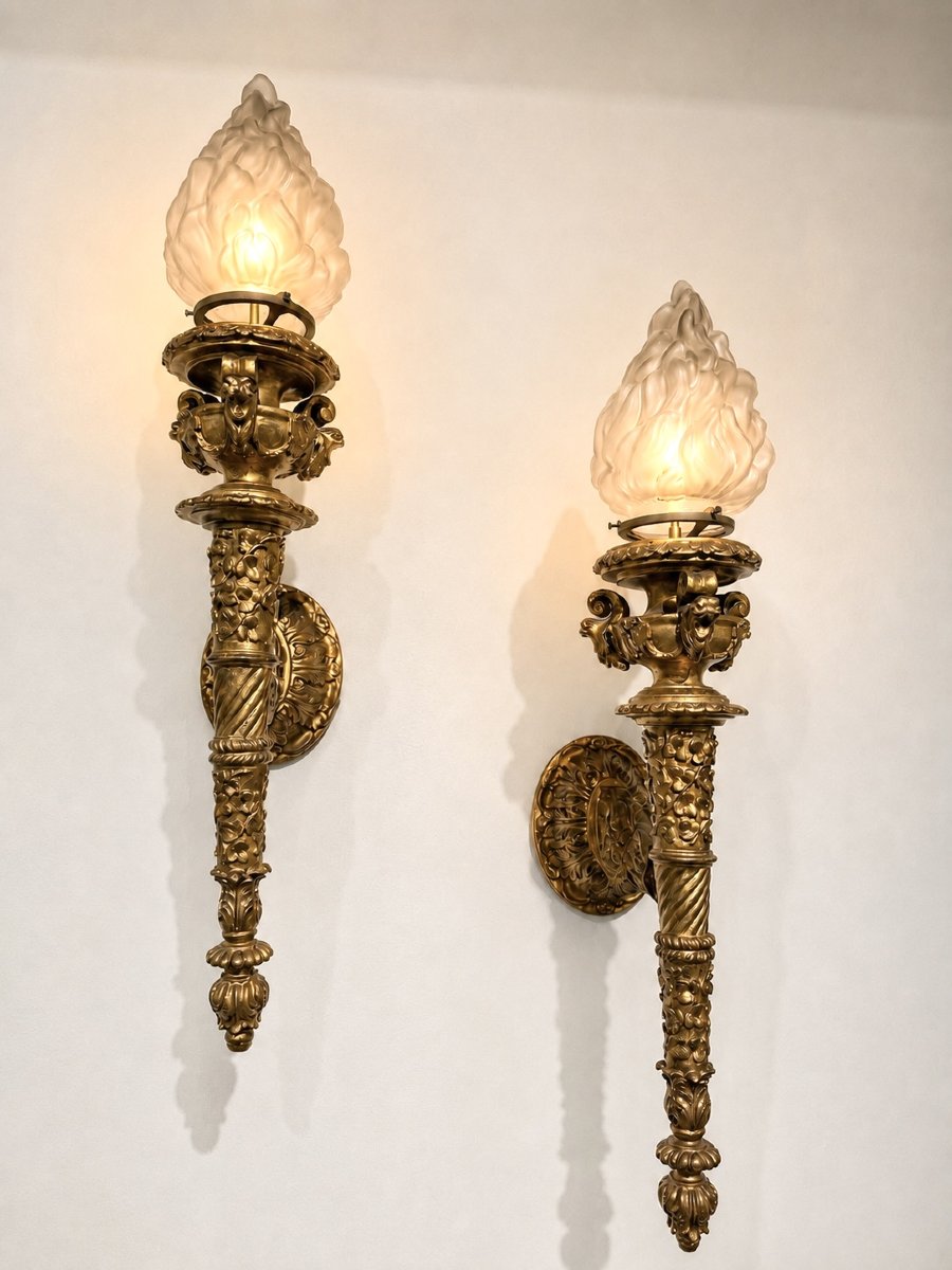 Paire d’importantes appliques murales en bois sculpté et doré