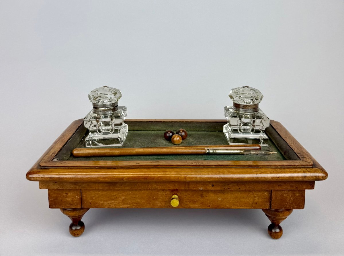 Encrier anglais en noyer sur le thème du billard, vers 1900-photo-2