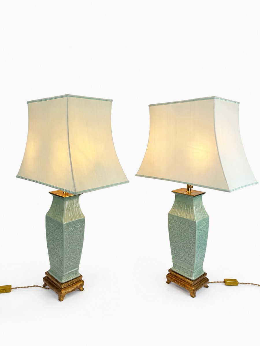 Pair Of Celadon Porcelain Lamps-photo-2