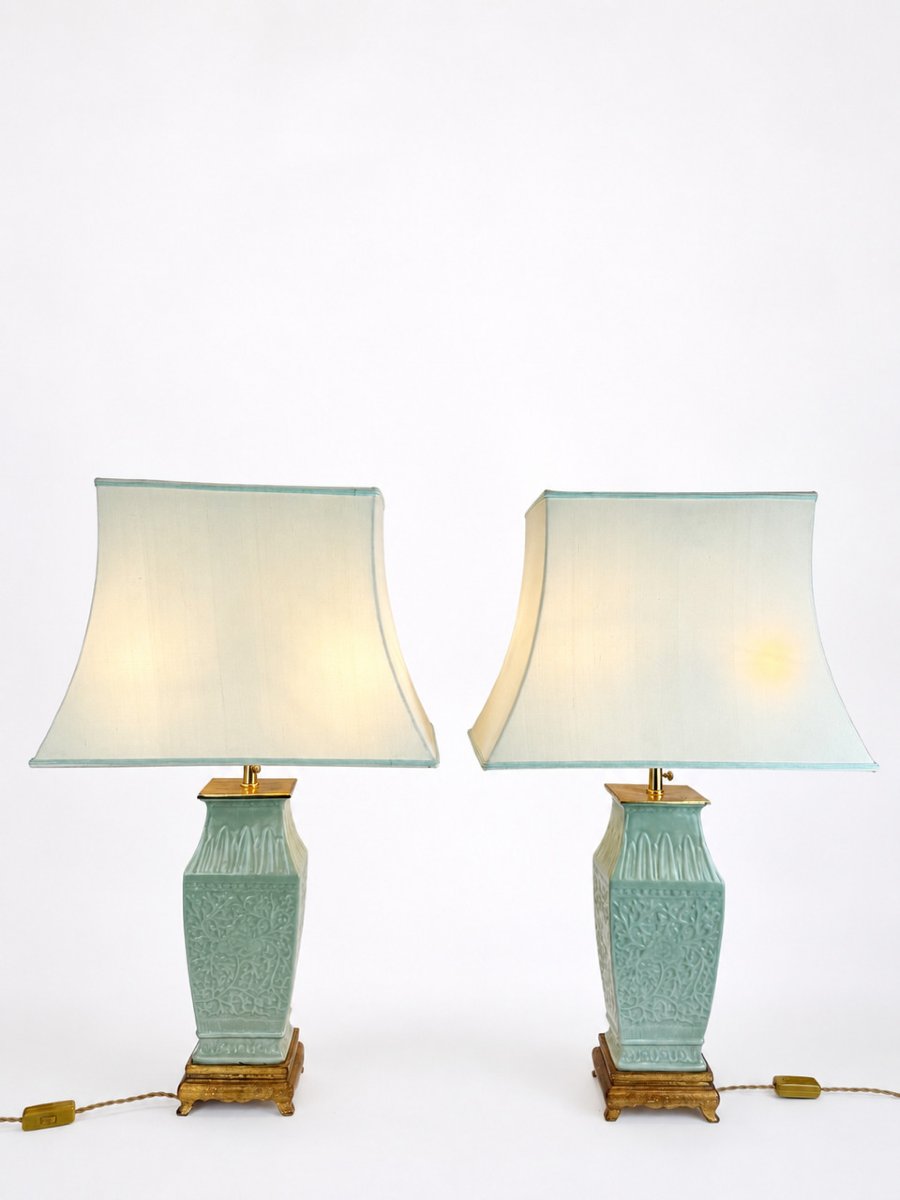 Pair Of Celadon Porcelain Lamps